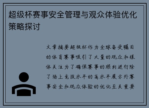 超级杯赛事安全管理与观众体验优化策略探讨
