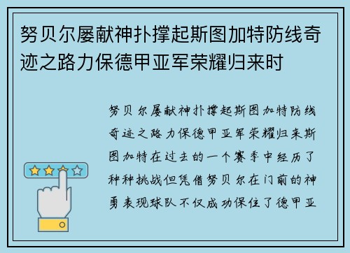 努贝尔屡献神扑撑起斯图加特防线奇迹之路力保德甲亚军荣耀归来时 努贝尔屡献神扑撑起斯图加特防线奇迹之路力保德甲亚军荣耀归来时